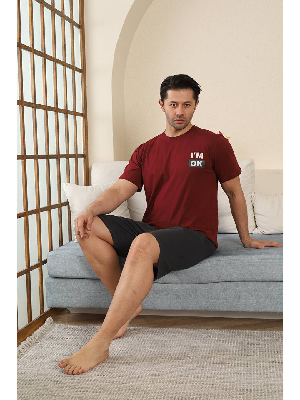 Bordo %100 Pamuklu Kısa Kollu Cepli Erkek Şortlu Pijama Takımı 2015-2