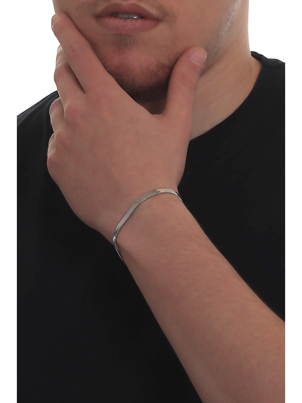 Gri Erkek İtalyan Model Yassı Ezme Çelik Zincir Yılan Bileklik-5