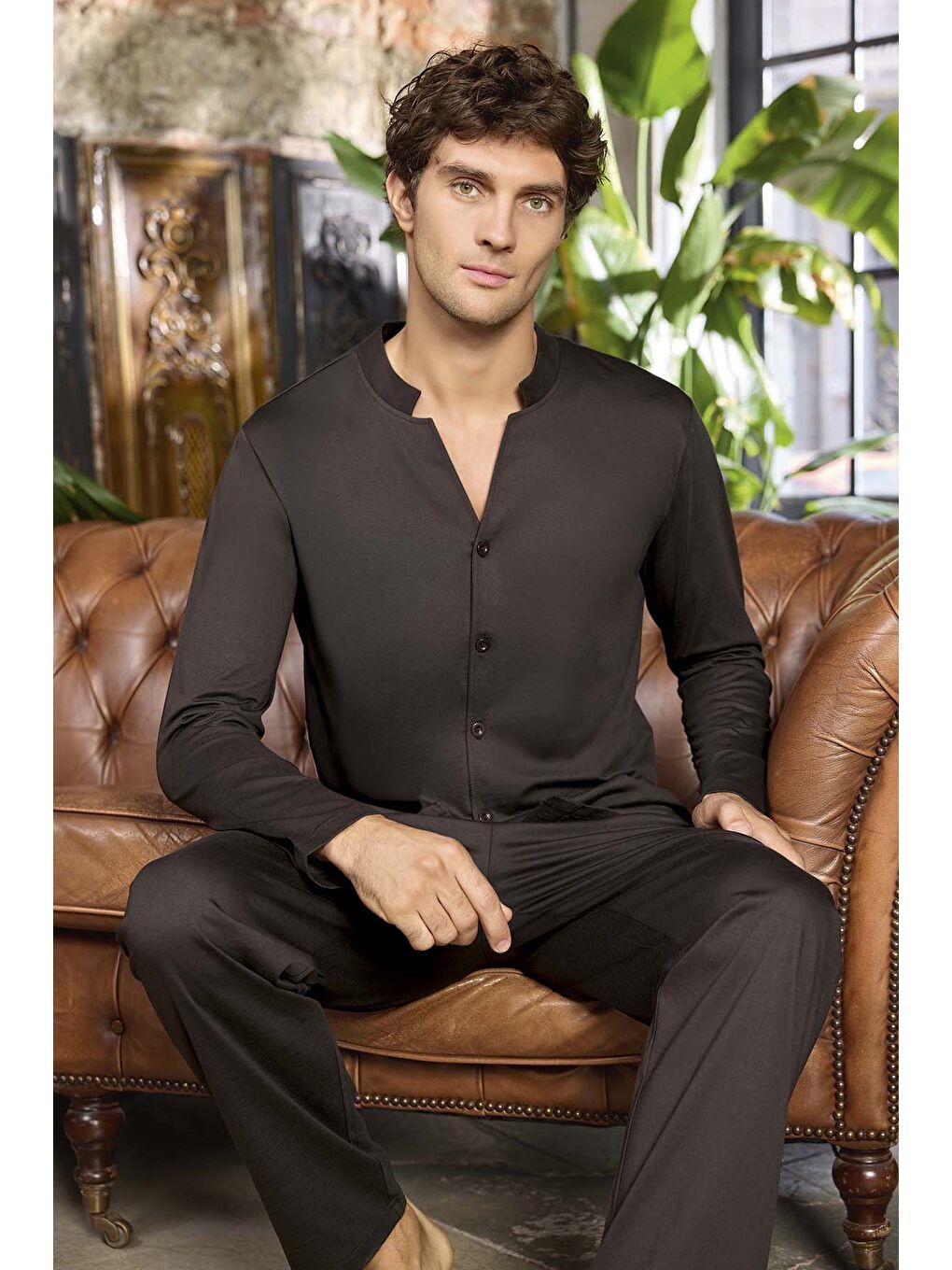 Erkek  Suprem Uzun Kol Pijama Takımı 250522 Kahverengi-2