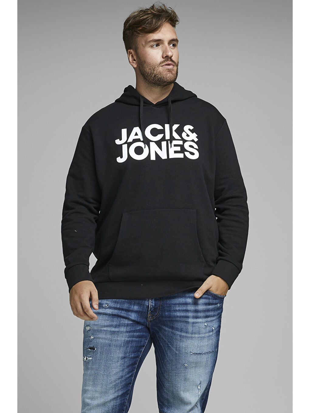 Jack & Jones Siyah Plus Jjecorp Pamuklu Kapüşonlu Kanguru Cepli Regular Fit Erkek Sweat 12163777