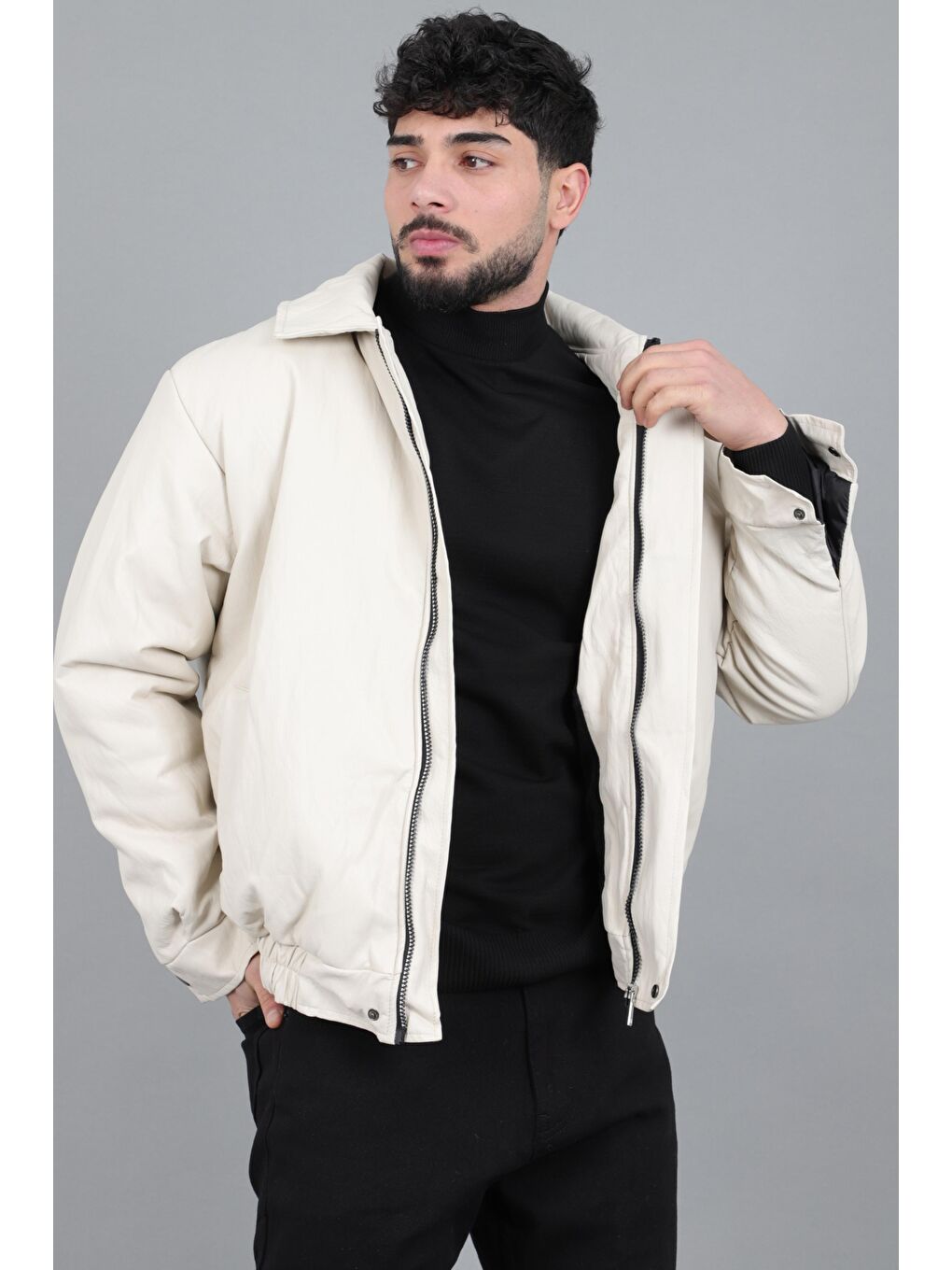 Bej Kışlık Dolumlu İçi Kürklü Oversize Suni Deri Mont KMD_50502-1