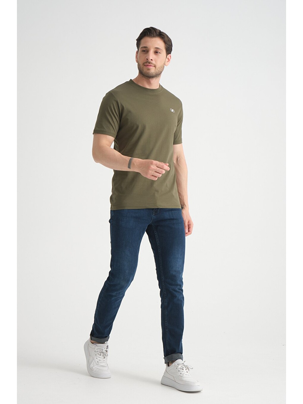 Haki  Erkek Tişört Nefes Alabilen Esnek Pamuklu Kumaş Regular Kalıp Minimal Logolu-6