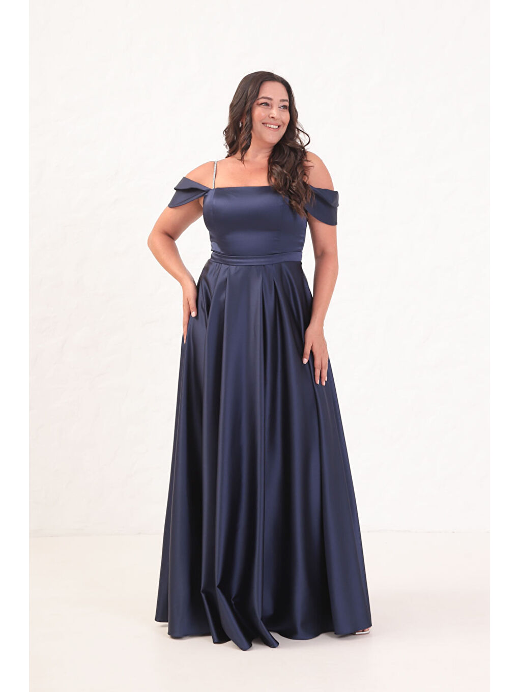 Kadın Lacivert Taş Askılı Büyük Beden Uzun Abiye Elbise-2