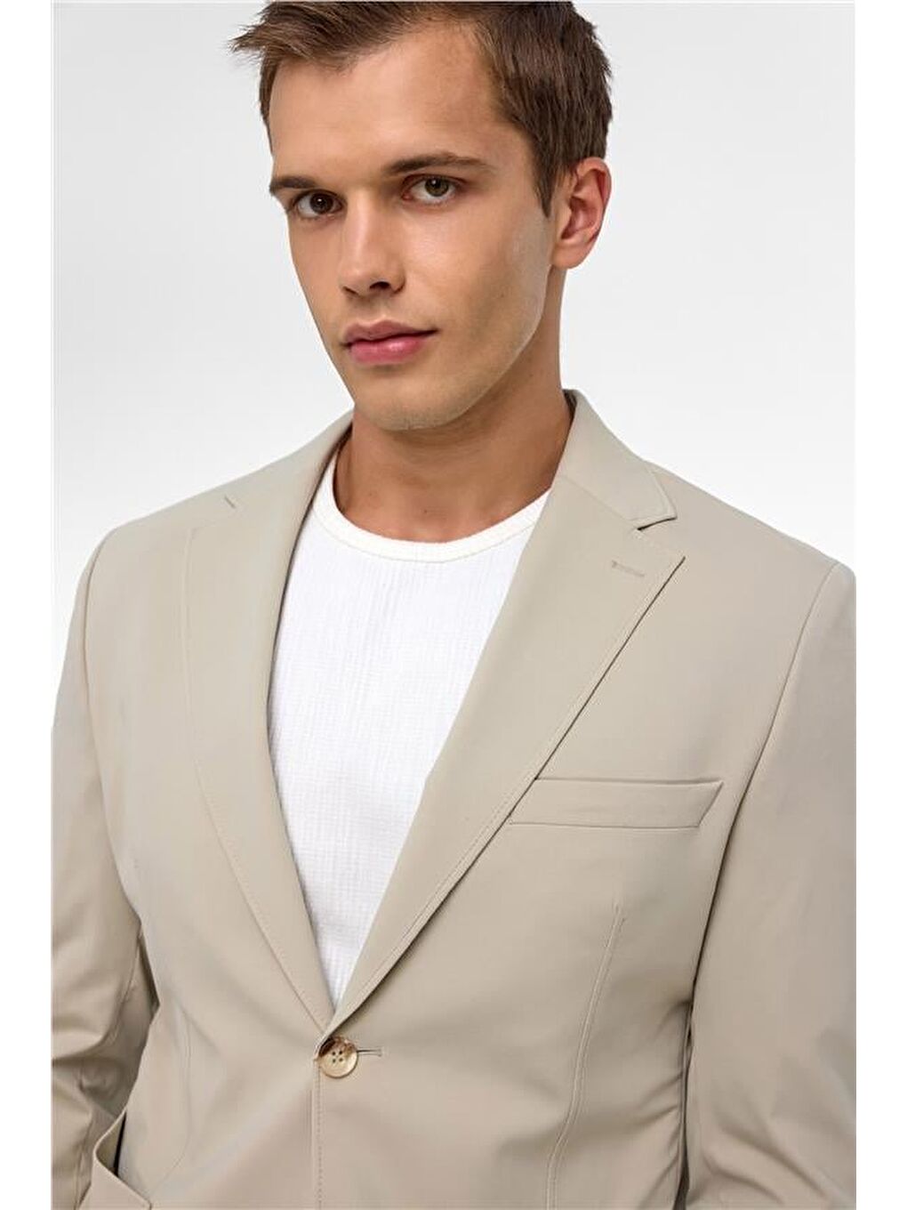 Bej Slim Düz Mono Yaka 6 Drop Blazer Ceket-2