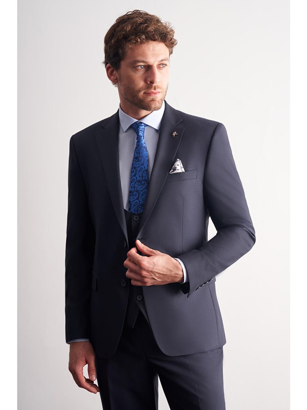 Lacivert Mono Yaka Astarlı Çift Yırtmaç Esnek 6 Drop Slim Fit Basic Yelekli Takım Elbise 1001255186-3