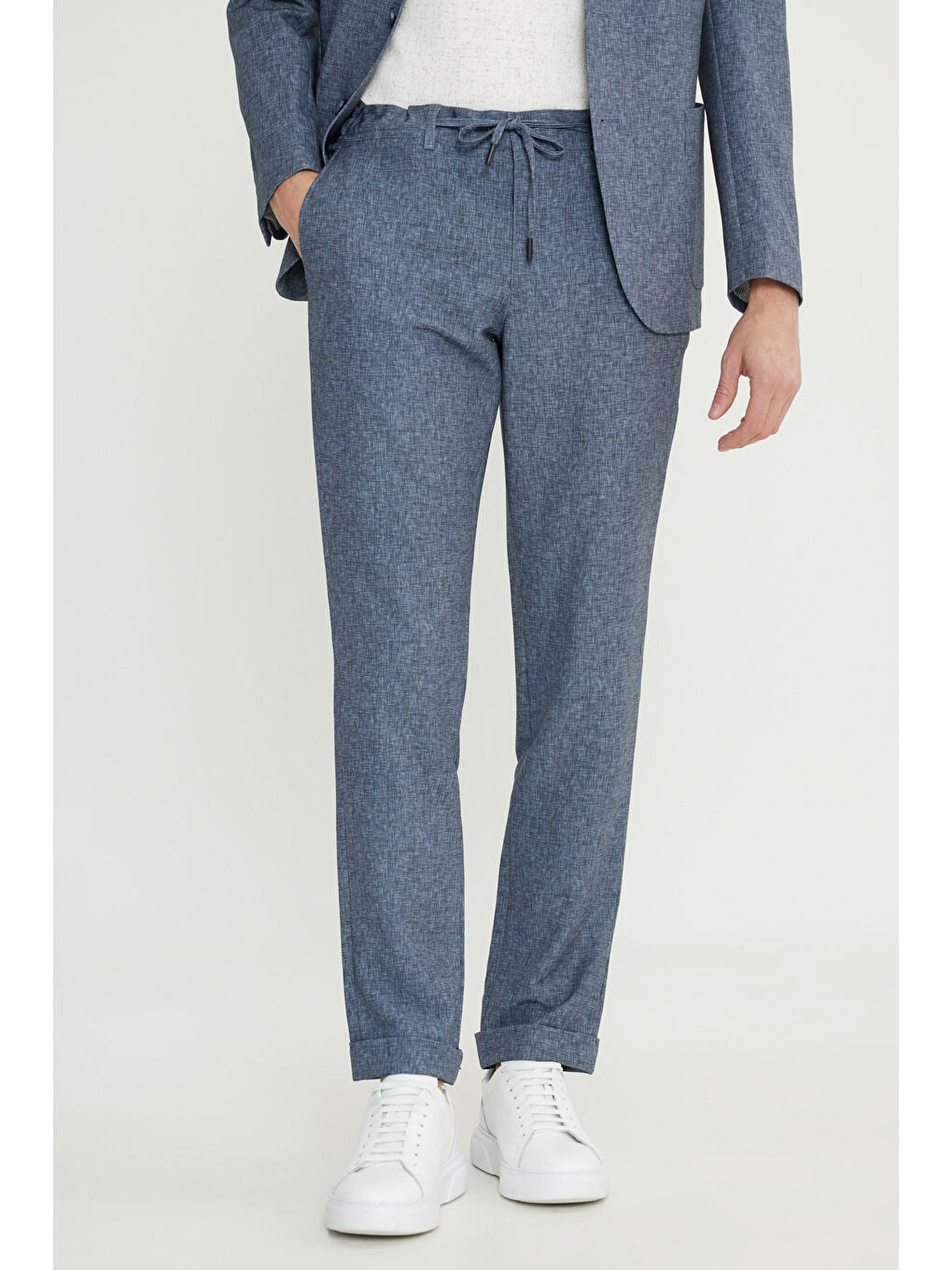 Erkek Lacivert Slim Fit Mono Yaka Beli Bağlamalı Torba Cepli Esnek Takım Elbise-4