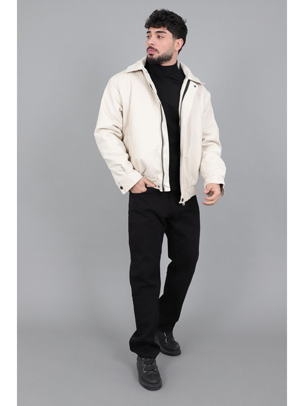 Bej Kışlık Dolumlu İçi Kürklü Oversize Suni Deri Mont KMD_50502-3