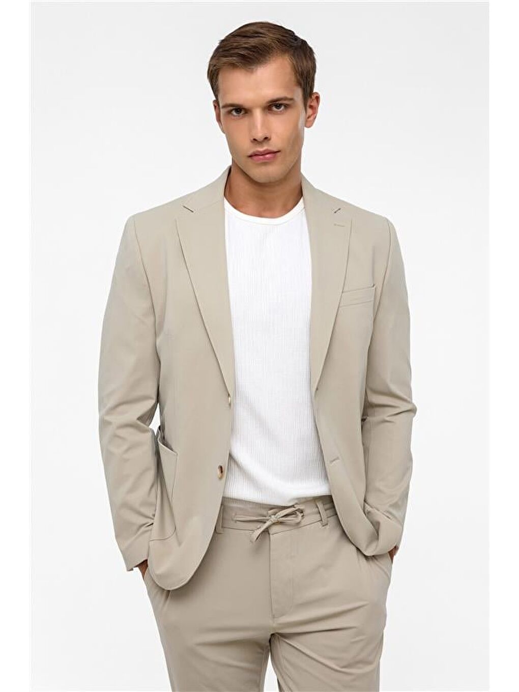 Bej Slim Düz Mono Yaka 6 Drop Blazer Ceket-6