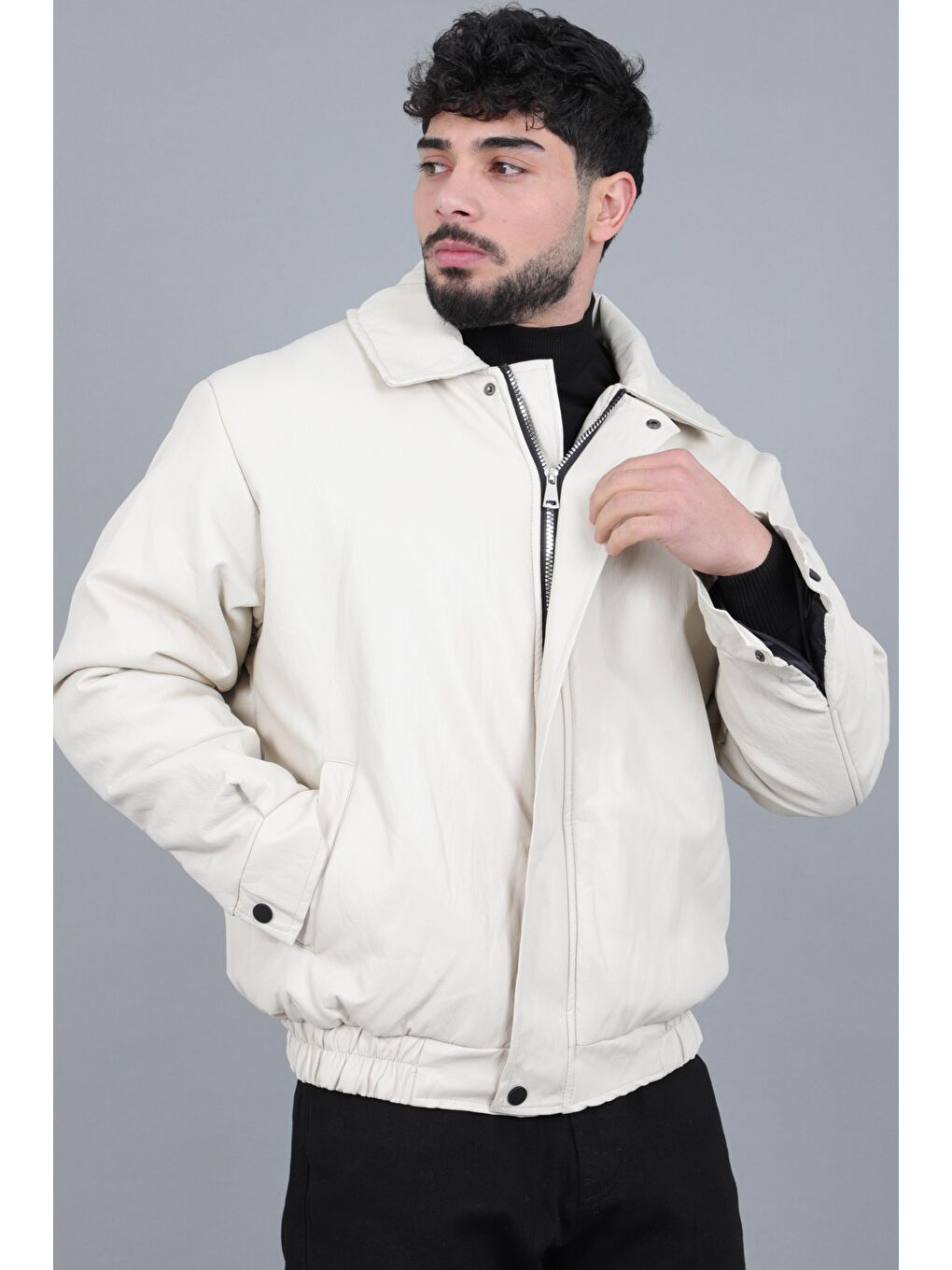 Bej Kışlık Dolumlu İçi Kürklü Oversize Suni Deri Mont KMD_50502-4