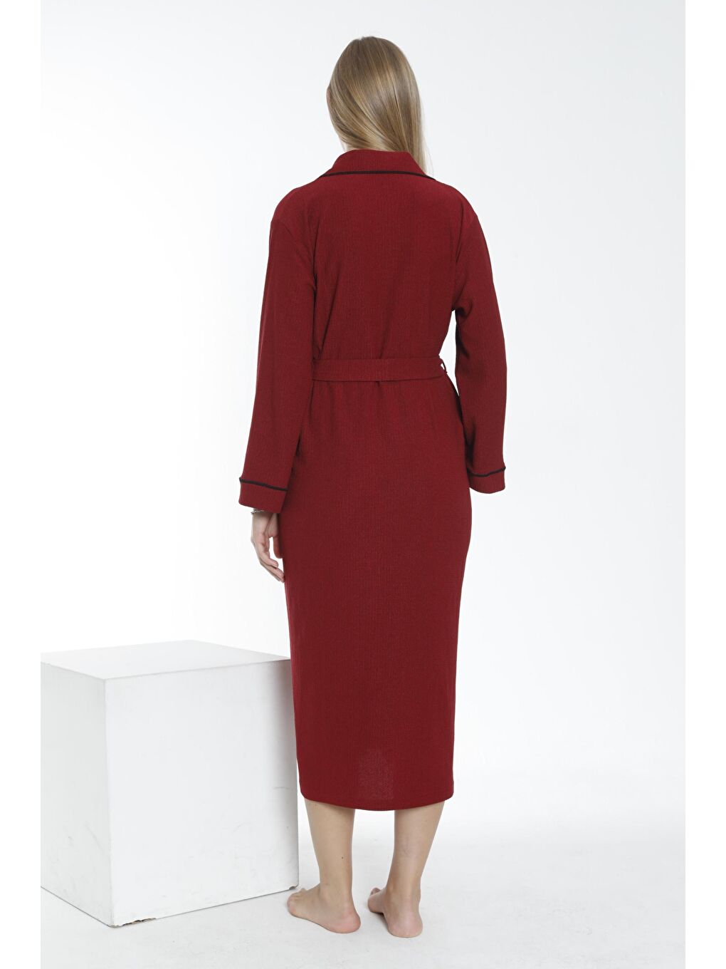 Bordo Yaka ve Kol Şerit Detaylı Uzun Hamile ve Lohusa Bürümcük Kumaş Sabahlık-1