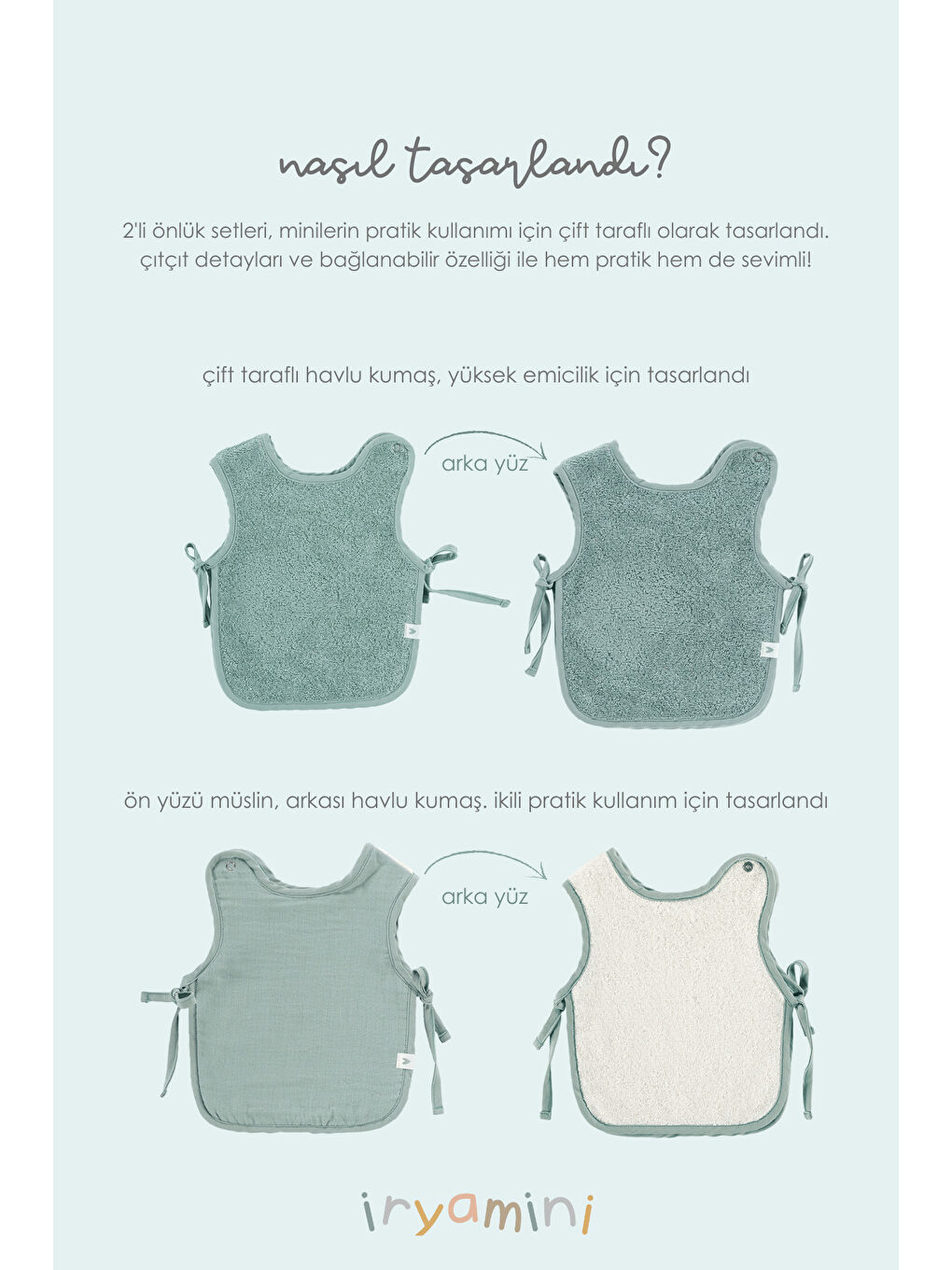 Colors of Joy 2'li Organik Pamuk Müslin Bebek Önlük Seti Mint-3