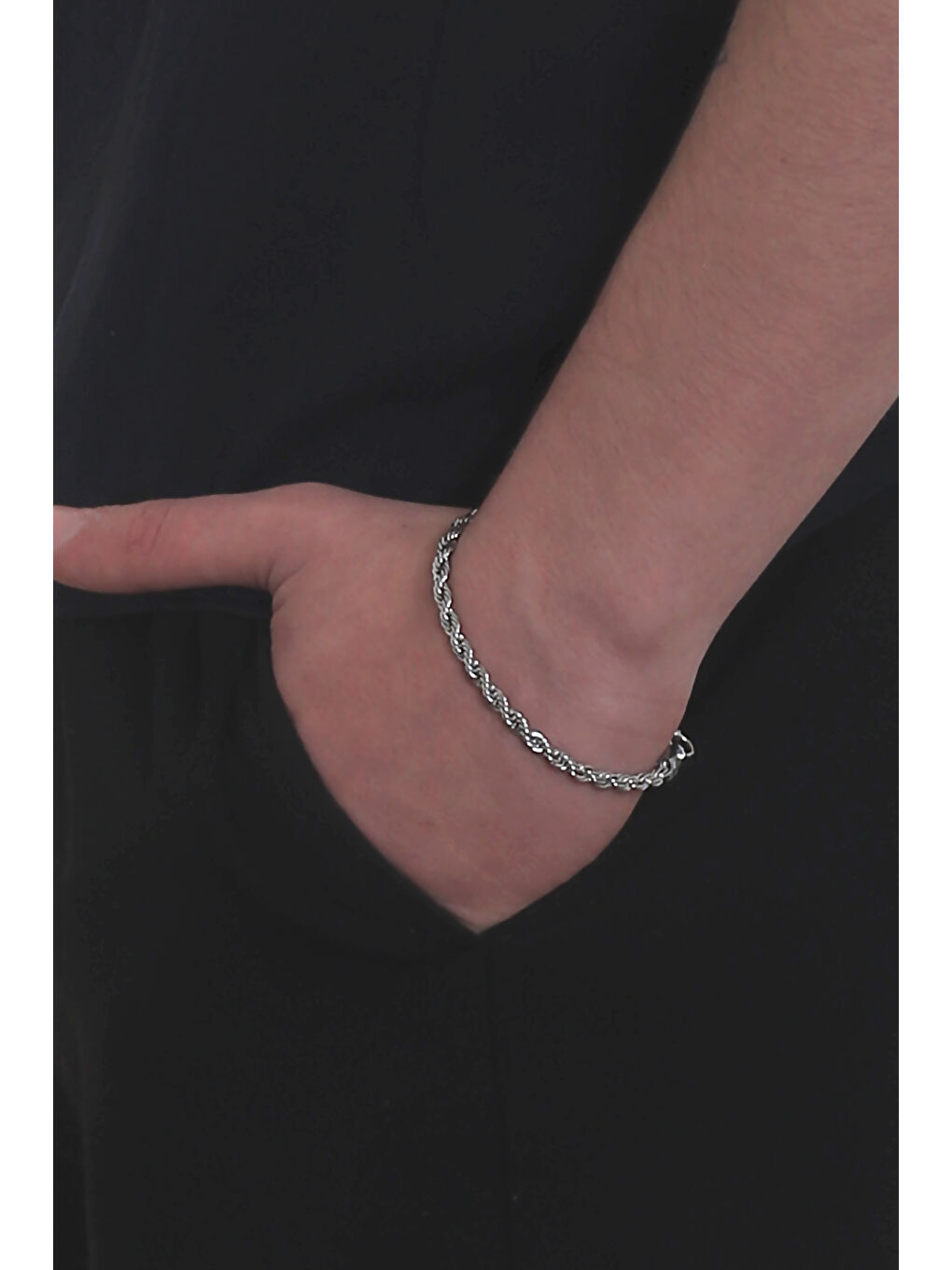 Gri Erkek Burgu Halat Model Çelik Zincir Bileklik-2