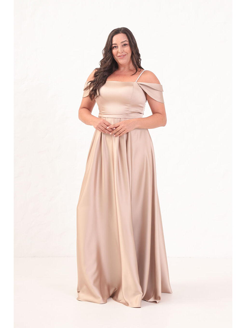 Kadın Bej Taş Askılı Büyük Beden Uzun Abiye Elbise-1