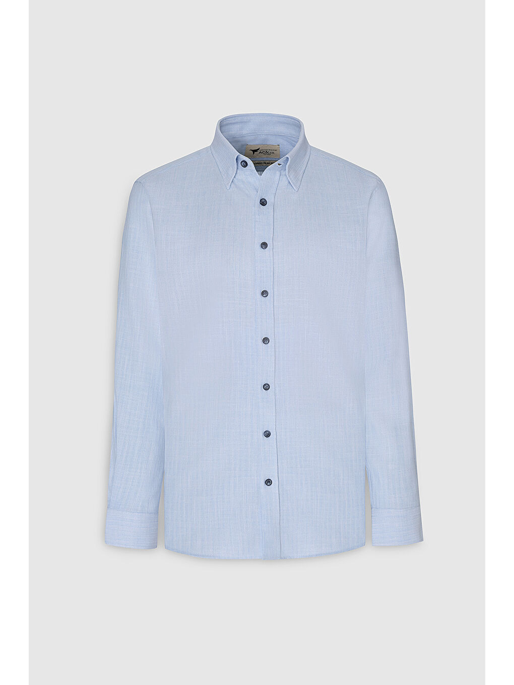 Erkek Açık Mavi Slim Fit Dar Kesim Gizli Düğmeli Yaka Keten Görünümlü %100 Pamuk Flamlı Gömlek-5