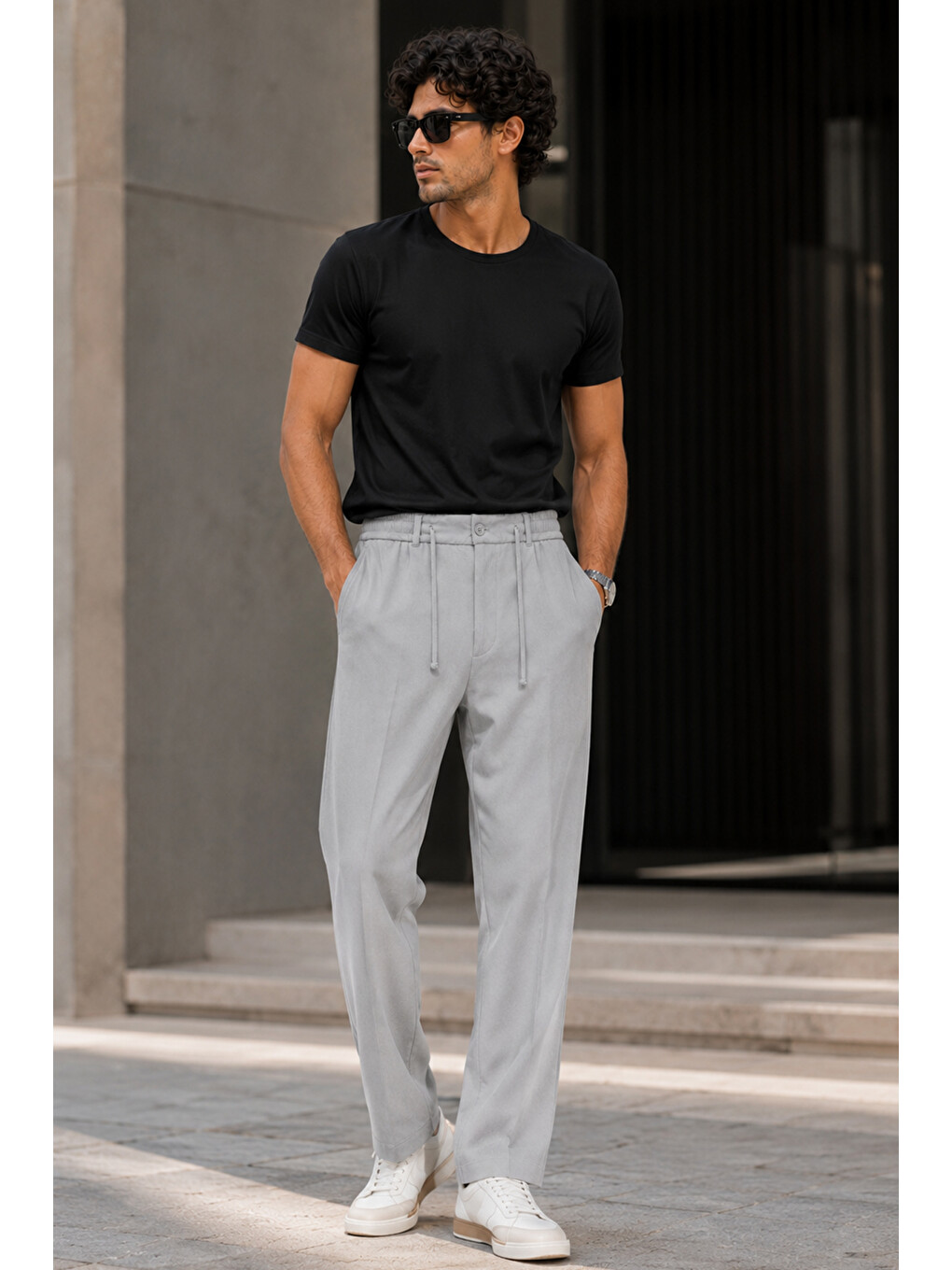 Erkek Gri Relax Fit Bağcıklı Baggy Pantolon