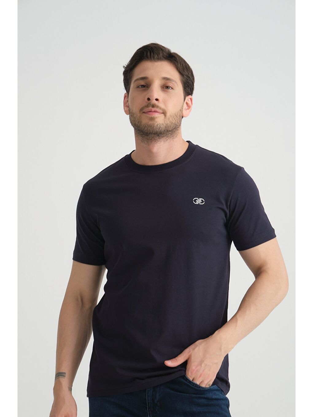 Lacivert  Erkek T-shirt Nefes Alabilen Esnek Pamuklu Kumaş Regular Kalıp Minimal Logolu