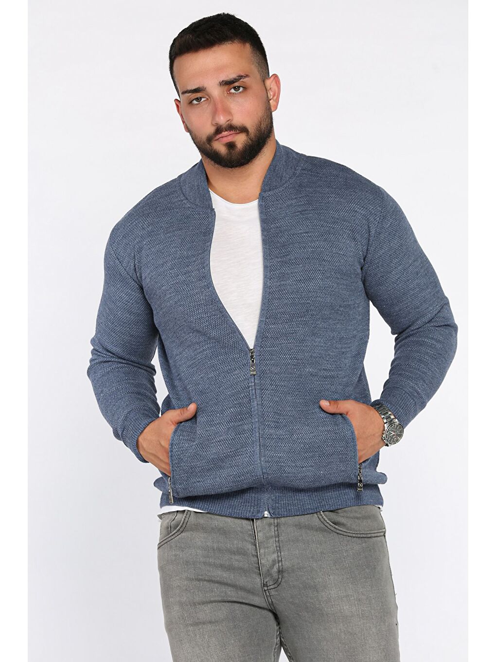 İndigo Erkek Fermuarlı Cepli Triko Hırka-1