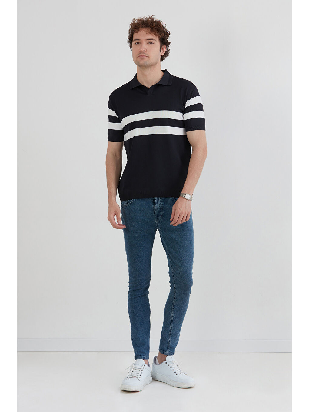 Lacivert Polo Yaka Çizgili Triko Tişört-1