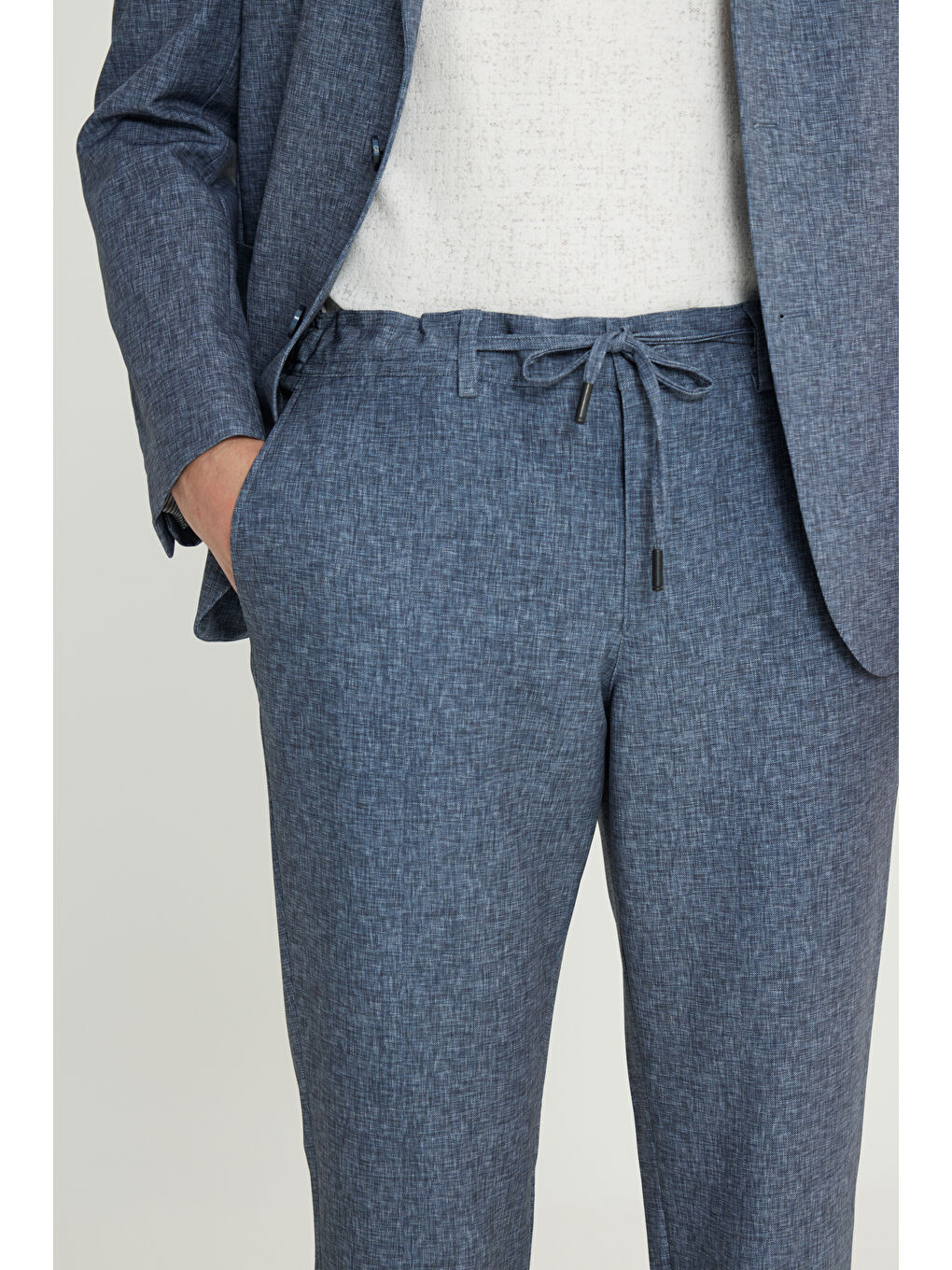 Erkek Lacivert Slim Fit Mono Yaka Beli Bağlamalı Torba Cepli Esnek Takım Elbise-5