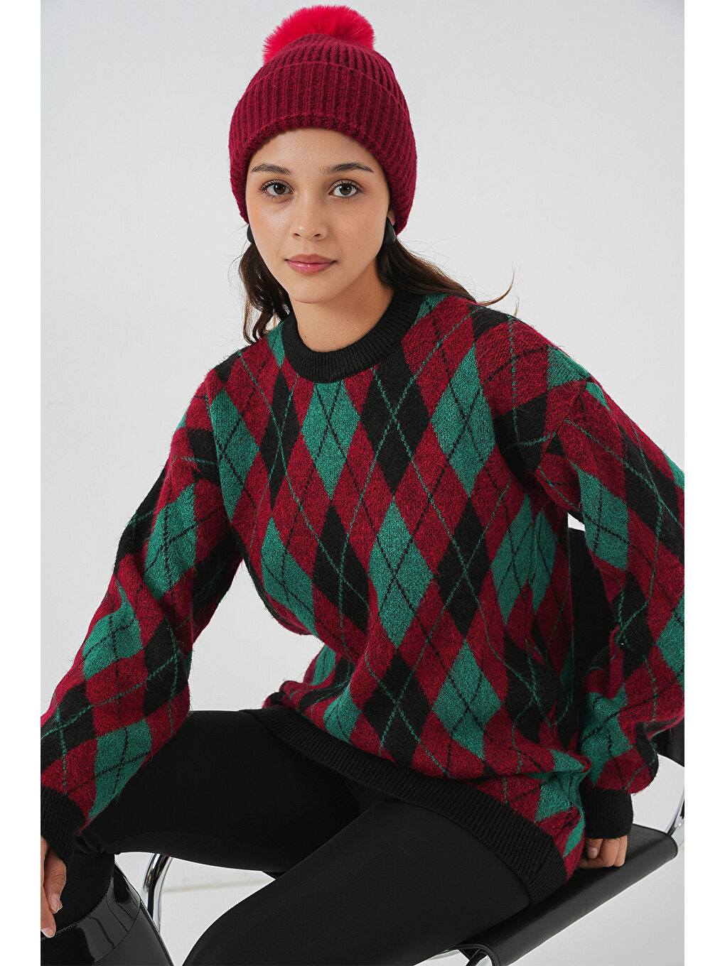 Kadın Baklava Desenli Triko Kazak 15929 - Bordo