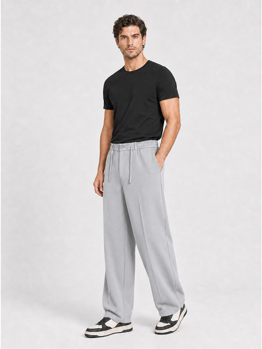 Erkek Gri Relax Fit Bağcıklı Baggy Pantolon-1