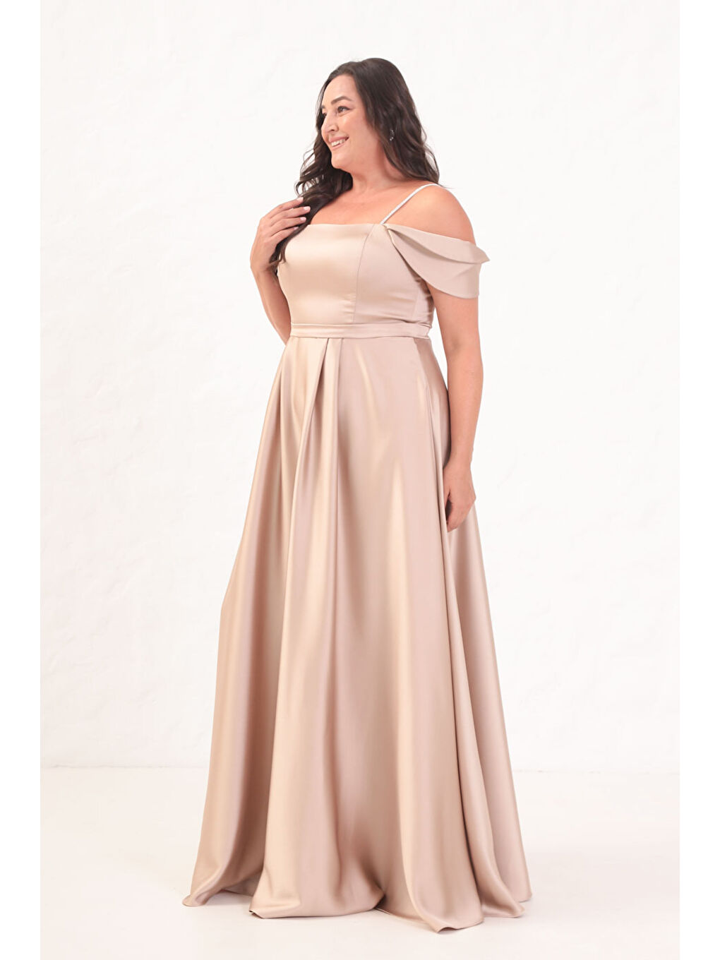 Kadın Bej Taş Askılı Büyük Beden Uzun Abiye Elbise-2