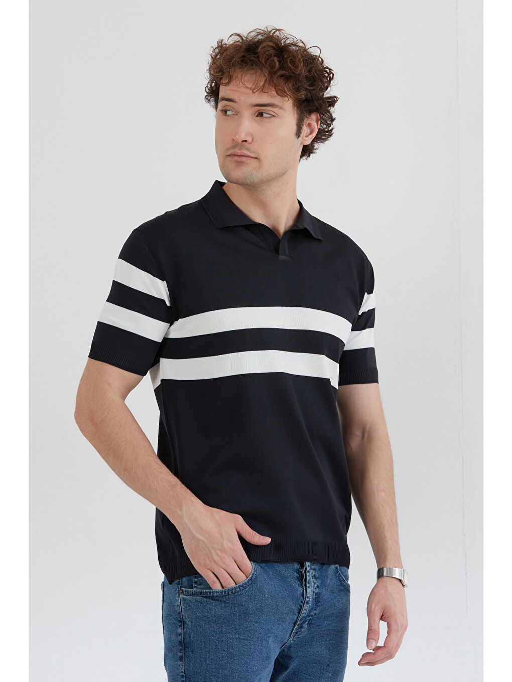 Lacivert Polo Yaka Çizgili Triko Tişört-2