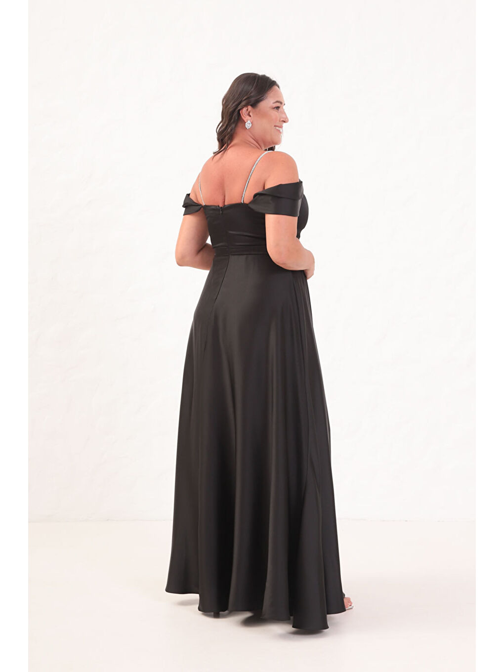 Kadın Siyah Taş Askılı Büyük Beden Uzun Abiye Elbise-4