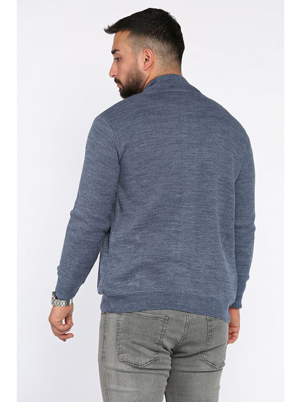 İndigo Erkek Fermuarlı Cepli Triko Hırka-2