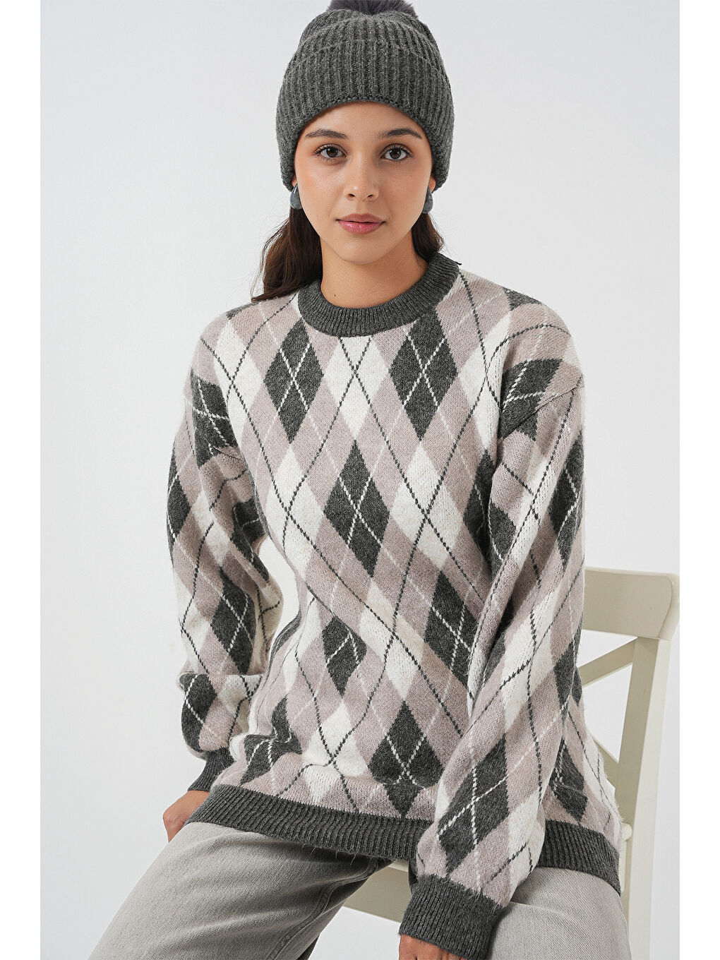 Kadın Baklava Desenli Triko Kazak 15929 - Gri