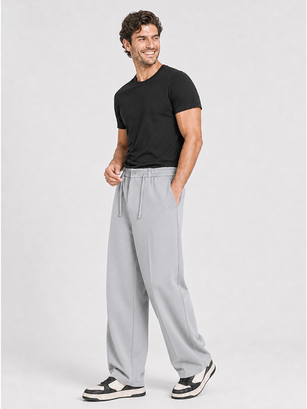 Erkek Gri Relax Fit Bağcıklı Baggy Pantolon-5