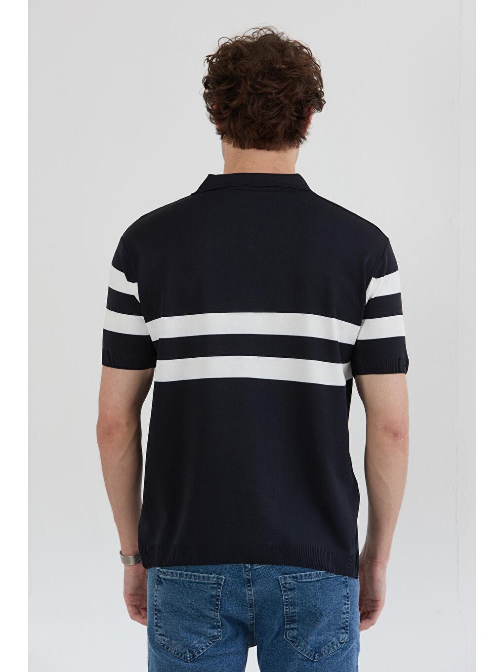 Lacivert Polo Yaka Çizgili Triko Tişört-3