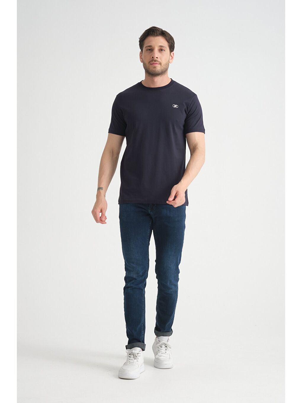 Lacivert  Erkek T-shirt Nefes Alabilen Esnek Pamuklu Kumaş Regular Kalıp Minimal Logolu-2