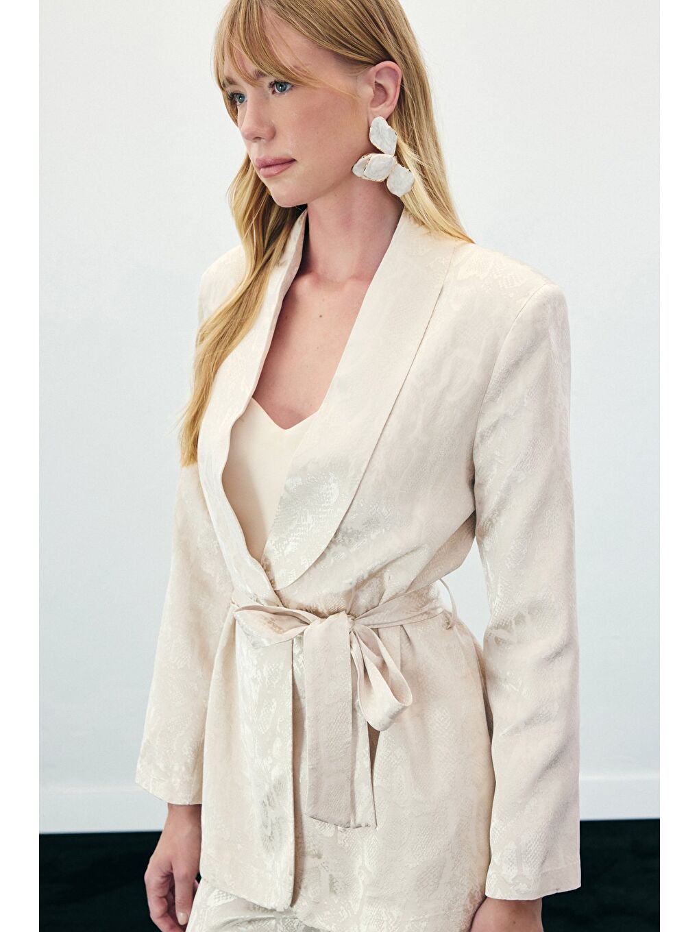 Yılan Desenli Uzun Ceket - Bej-6