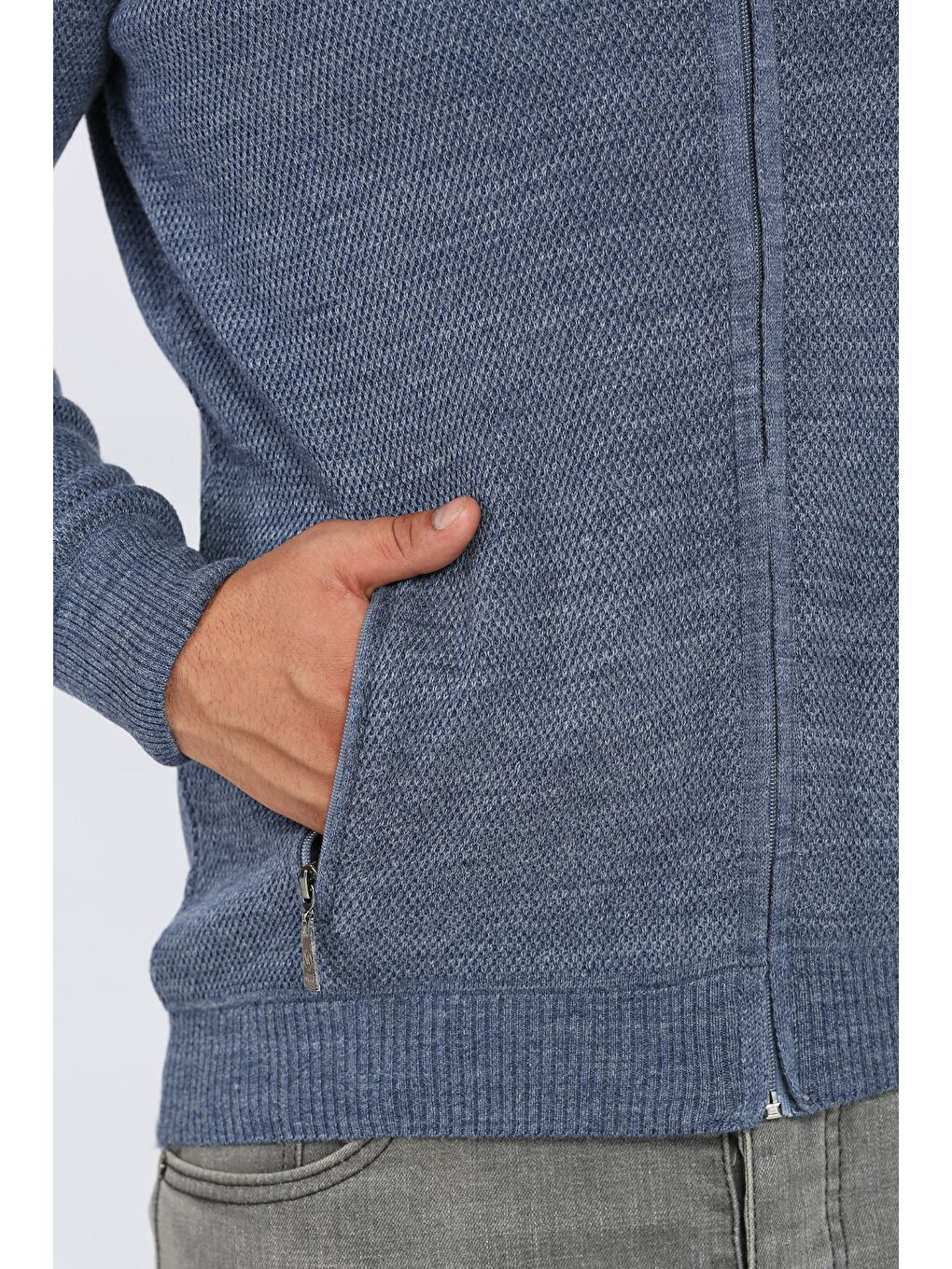 İndigo Erkek Fermuarlı Cepli Triko Hırka-3