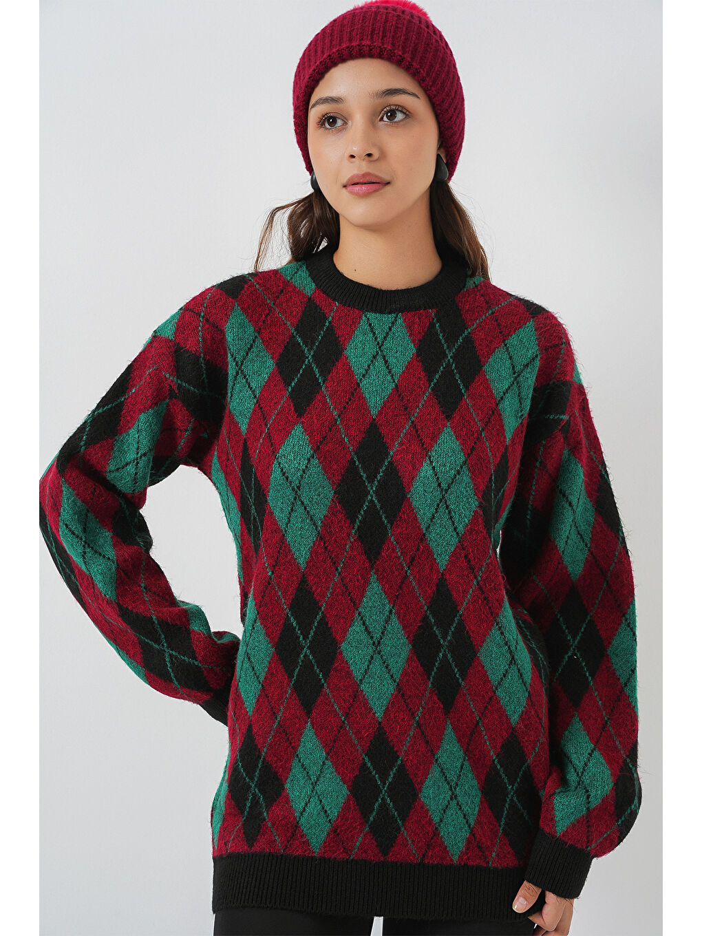 Kadın Baklava Desenli Triko Kazak 15929 - Bordo-1