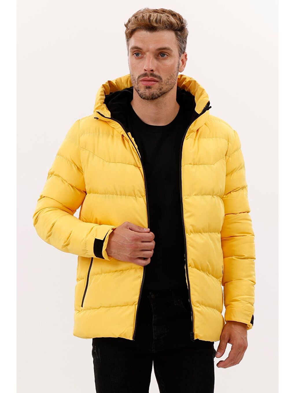 Sarı Erkek Kapüşonlu Polarlı Kürklü Su Geçirmez Rüzgara Dayanıklı Şişme Mont Kaban Parka
