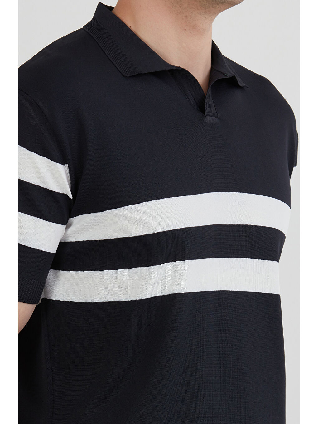 Lacivert Polo Yaka Çizgili Triko Tişört-4