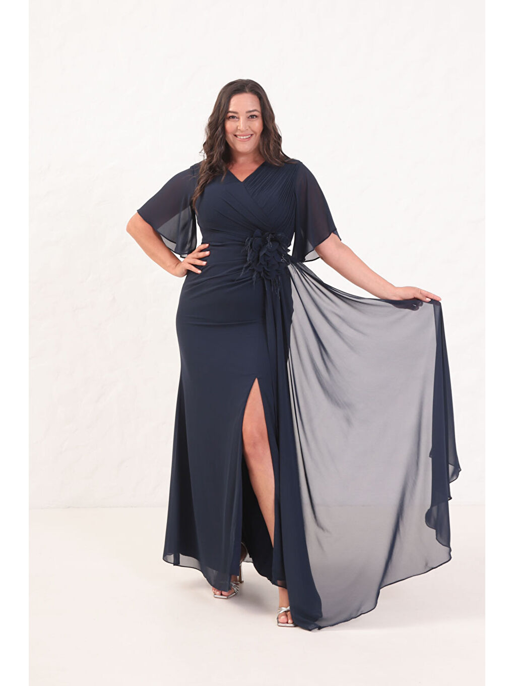 Kadın Lacivert Çiçek Detay Büyük Beden Uzun Abiye Elbise-3