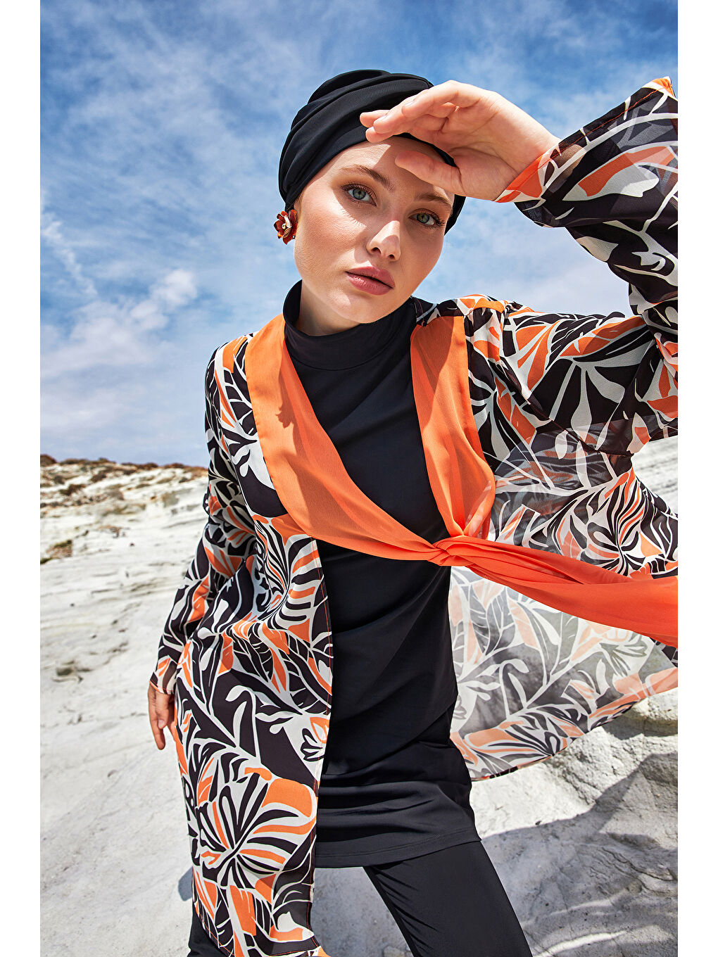 3'lü Pareolu UV Korumalı Tasarım Elastanlı Tam Kapalı Tesettür Mayo 1133 Siyah06-1