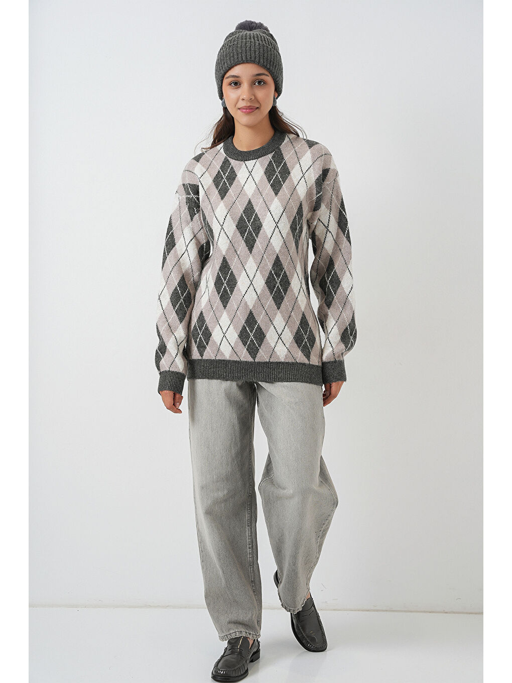 Kadın Baklava Desenli Triko Kazak 15929 - Gri-1