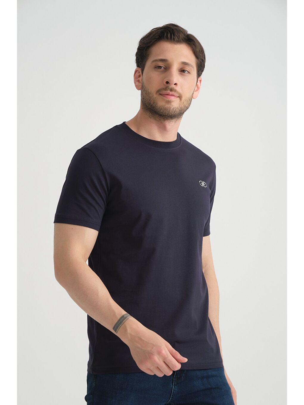 Lacivert  Erkek T-shirt Nefes Alabilen Esnek Pamuklu Kumaş Regular Kalıp Minimal Logolu-4
