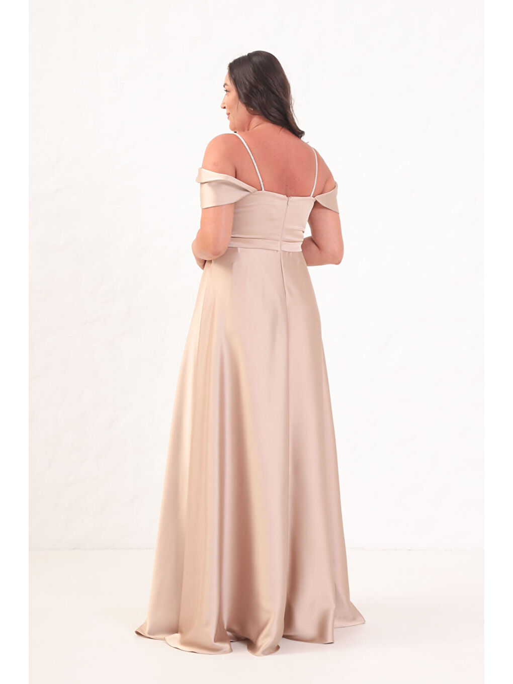 Kadın Bej Taş Askılı Büyük Beden Uzun Abiye Elbise-4