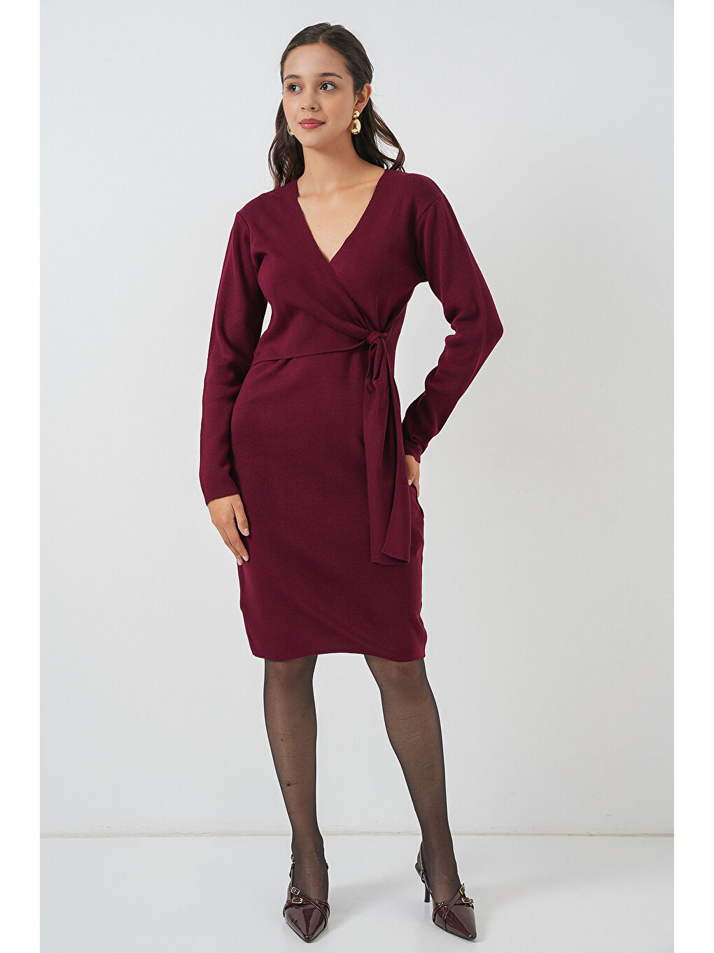 Kadın Kruvaze Yaka Triko Elbise 15928 - Bordo-1