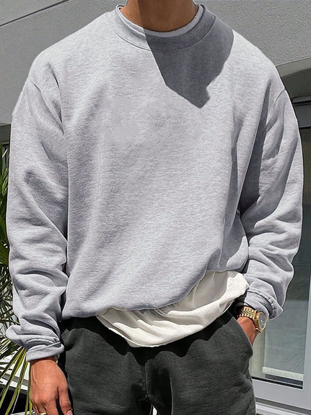 Erkek Gri Düz Bisiklet Yaka New Sweatshirt