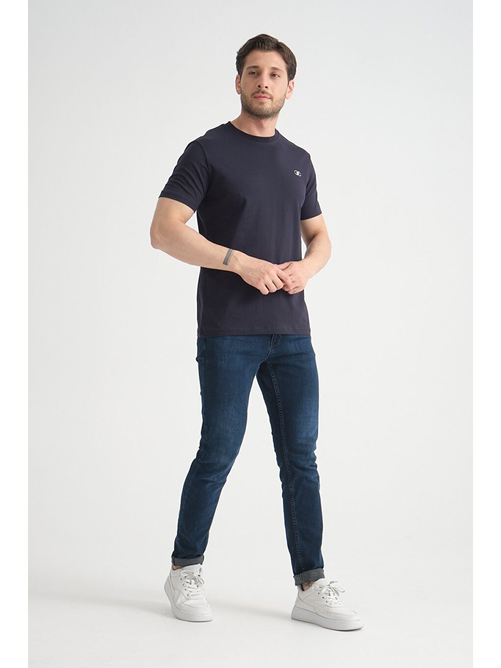 Lacivert  Erkek T-shirt Nefes Alabilen Esnek Pamuklu Kumaş Regular Kalıp Minimal Logolu-5