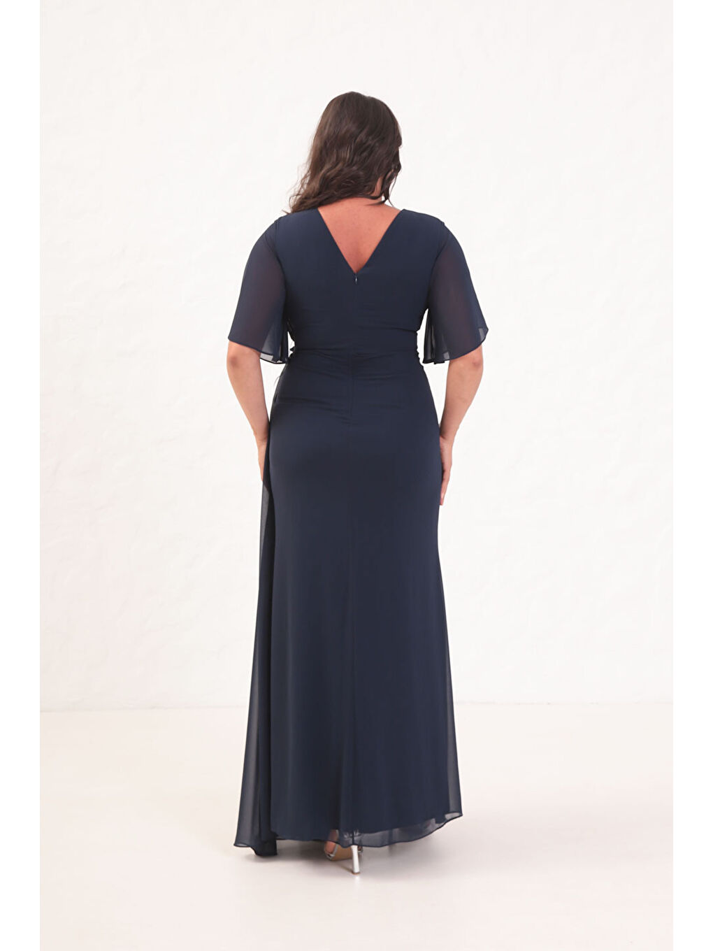 Kadın Lacivert Çiçek Detay Büyük Beden Uzun Abiye Elbise-4
