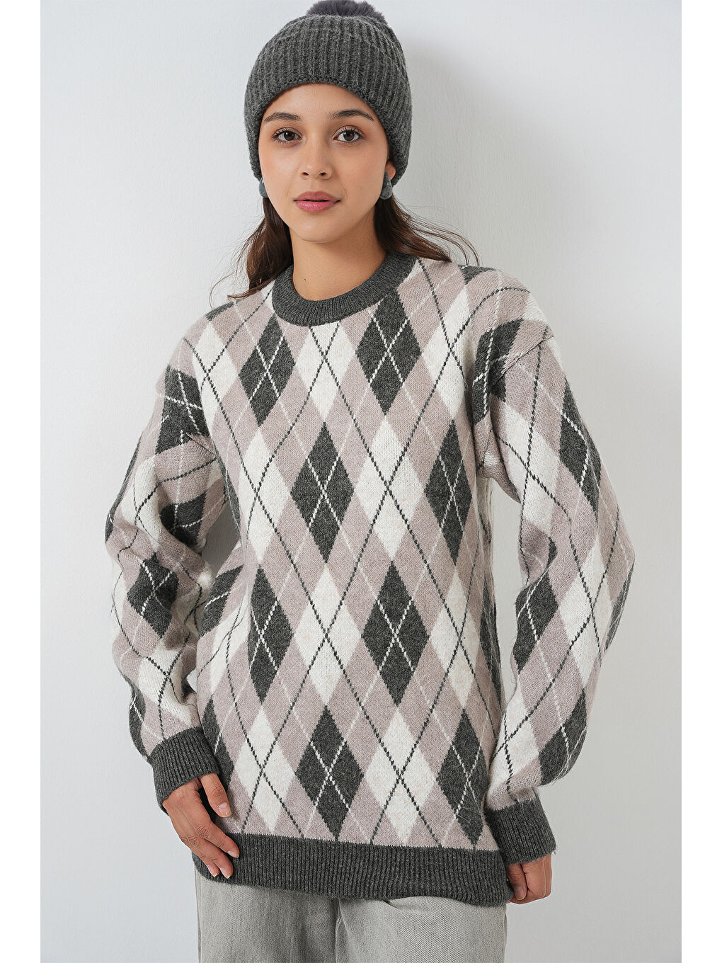 Kadın Baklava Desenli Triko Kazak 15929 - Gri-2