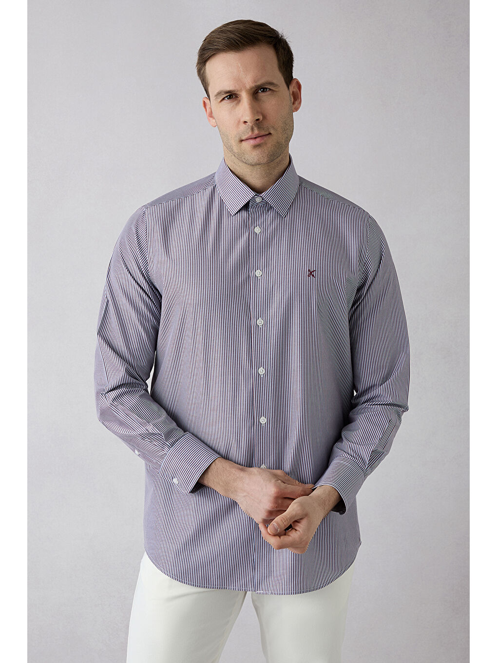 Bordo Uzun Kol Slim Fit Çizgili Gömlek