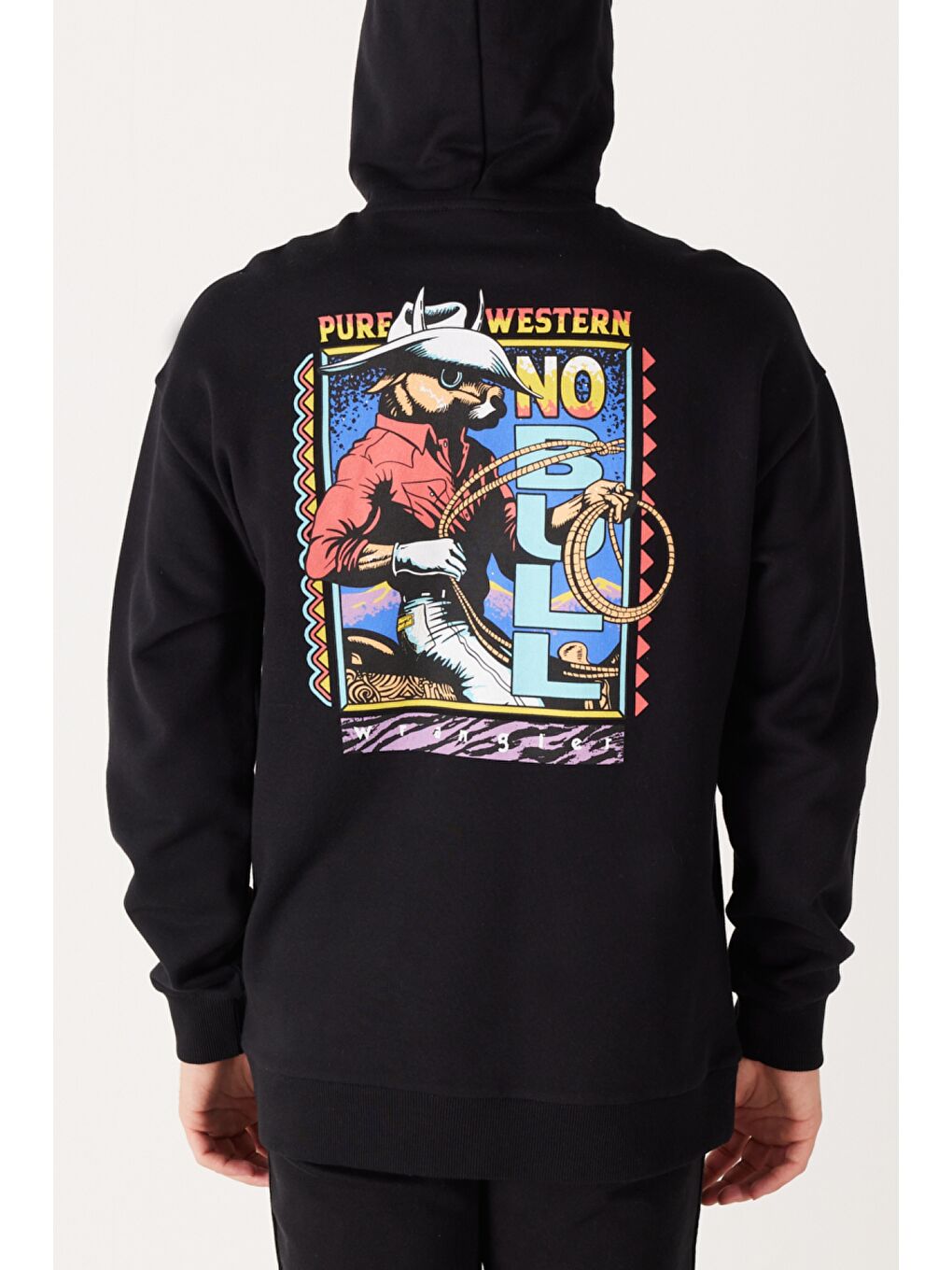 Loose Fit Rahat Kesim Kapüşonlu İçi Polarlı Sırt Baskılı Siyah Sweatshirt-2